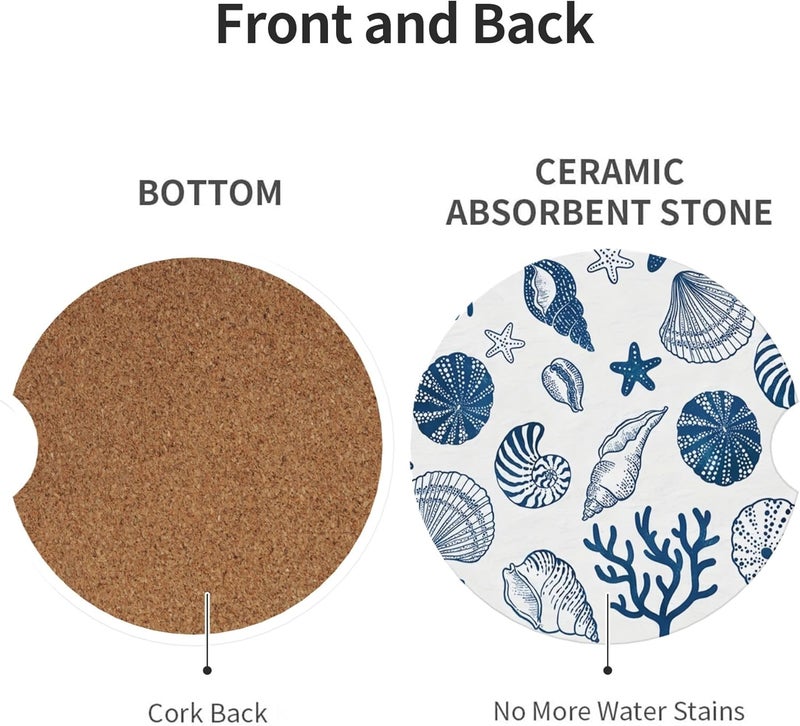 CTVSLFU Absorbent Car Coasters for Cup Holders, 2 Pack Universal Anti Slip Ceramic Cup Coaster for Women Men 2.56 Inch Car Interior Accessories - Blue Sea Shell 013 - Image 2